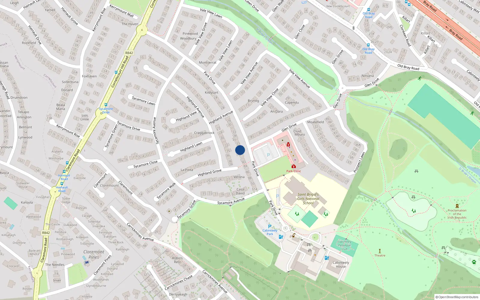 Overhead map showing the location of 39 Park Drive, Dublin 18