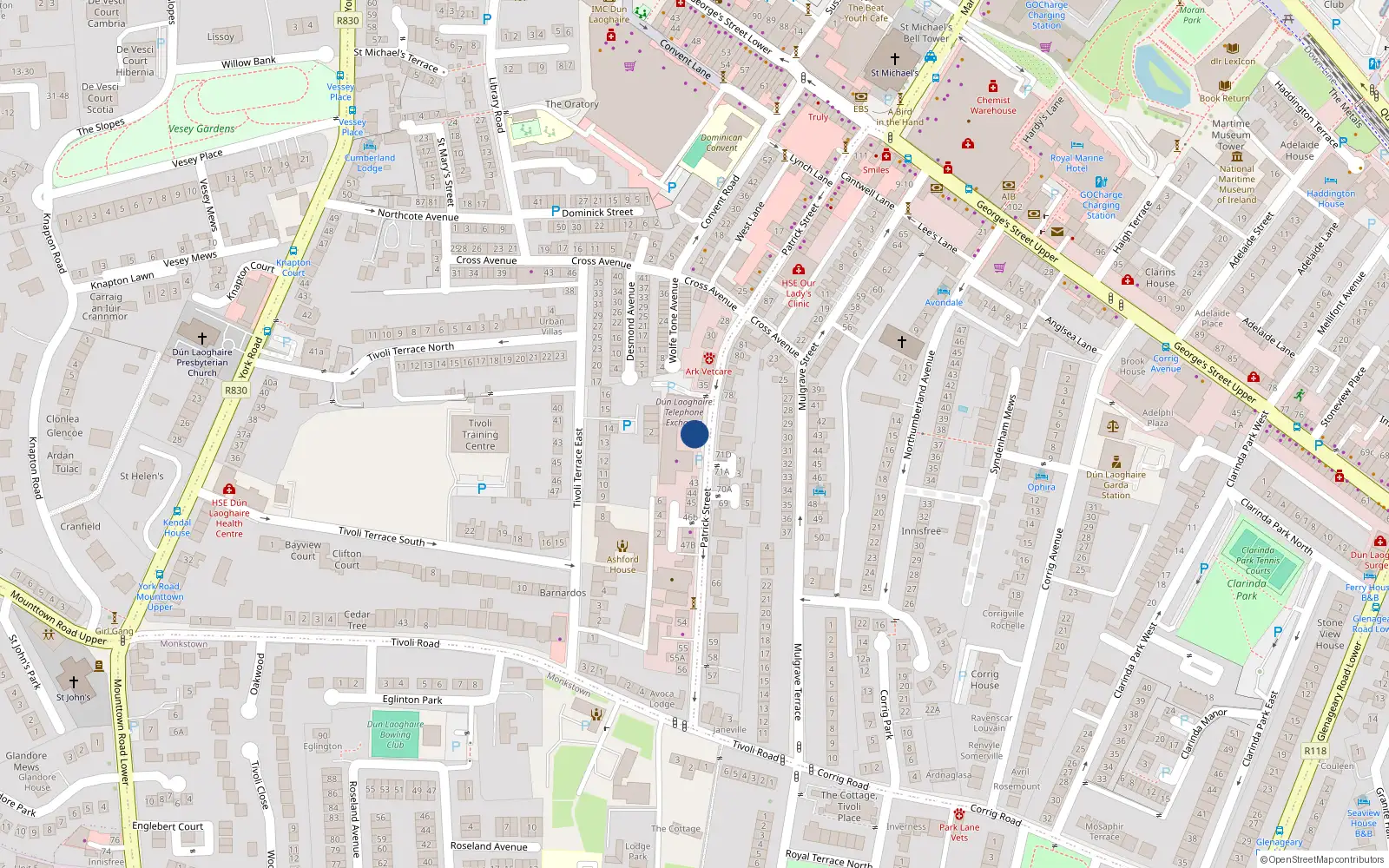 Overhead map showing the location of 39 Patrick St, Dun Laoghaire, Dublin