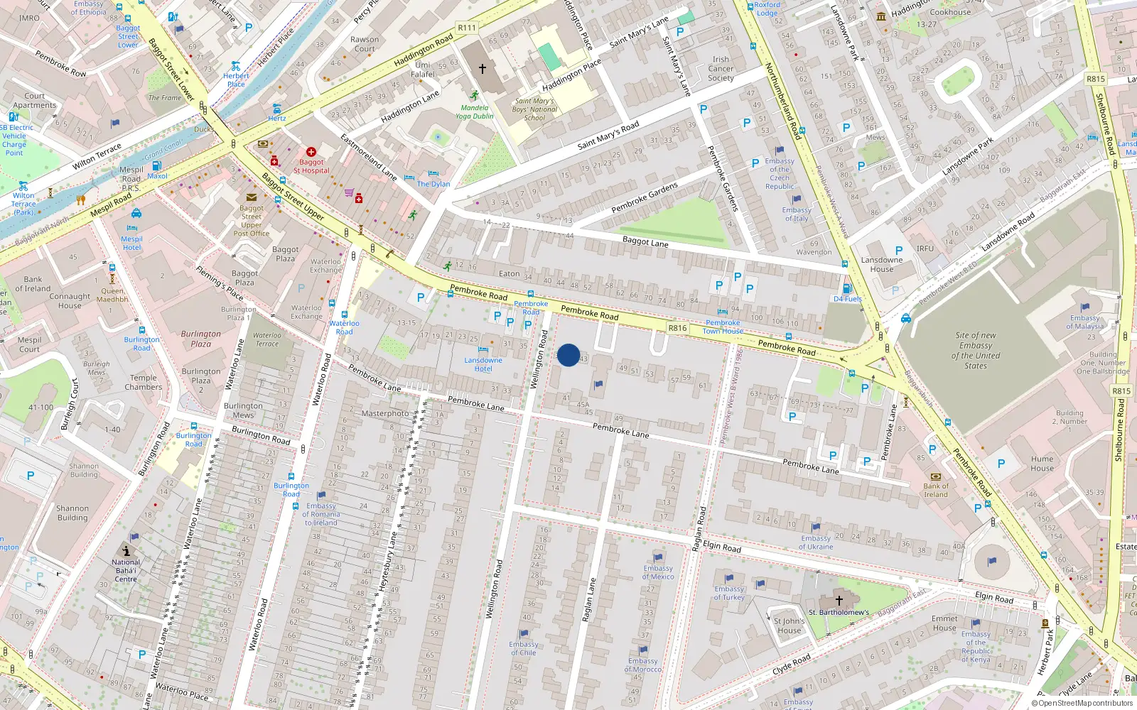 Overhead map showing the location of 39 Pembroke Road, Dublin