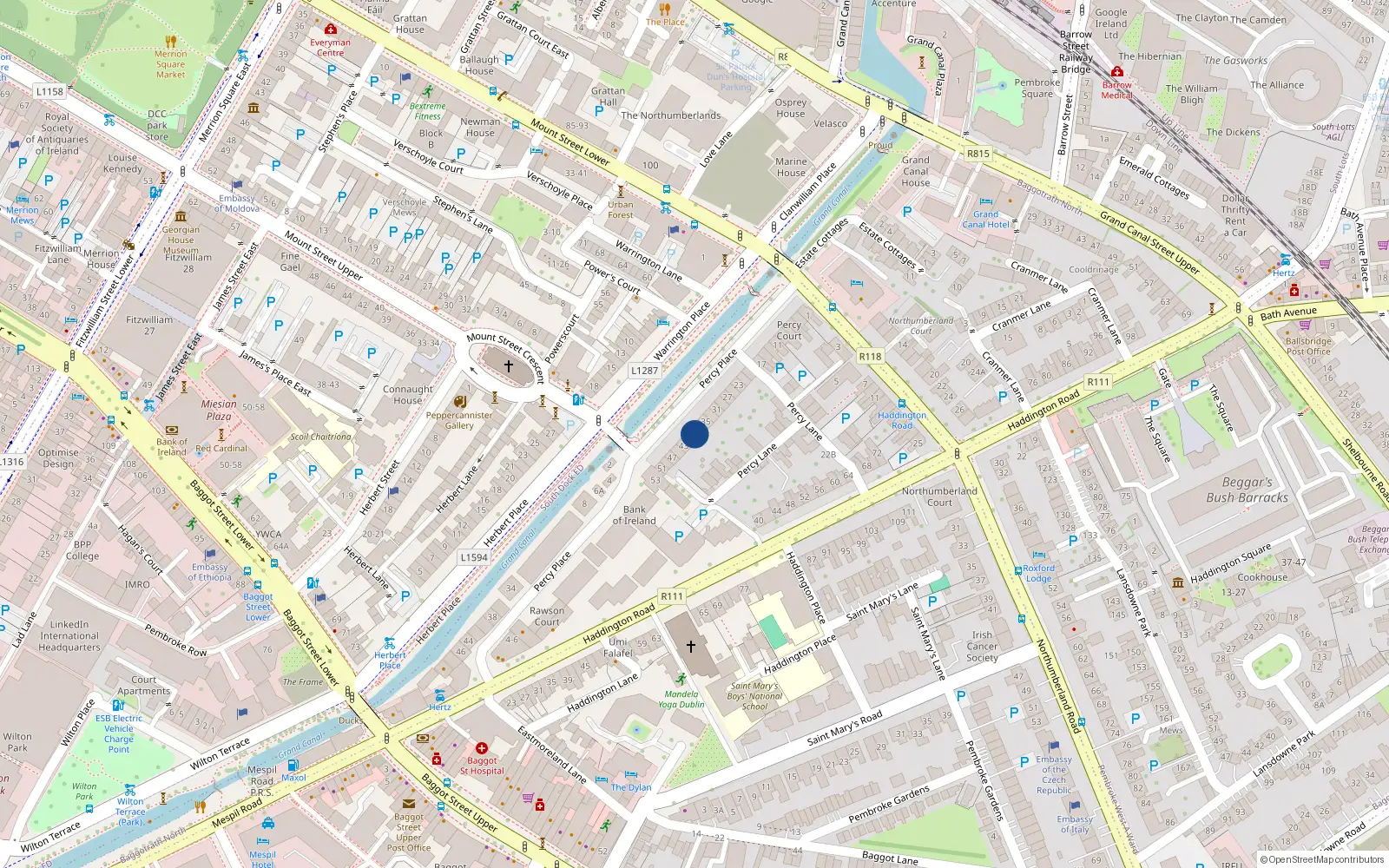 Overhead map showing the location of 39 Percy Place, Dublin