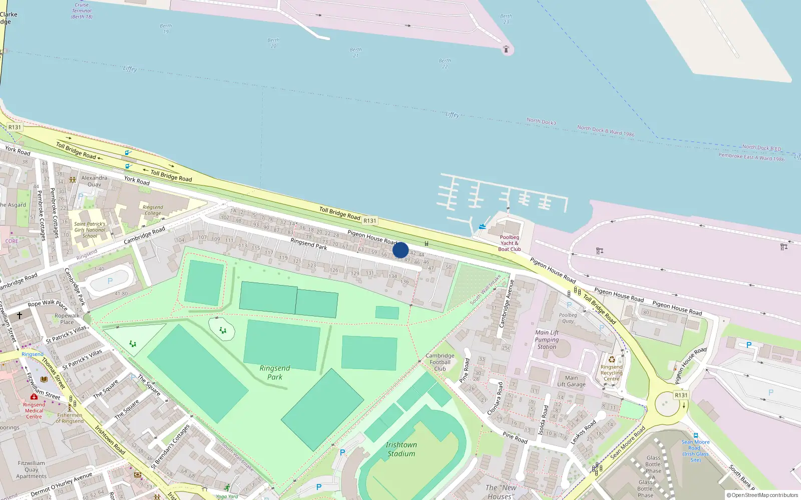 Overhead map showing the location of 39 Pigeon House Road, Dublin 4