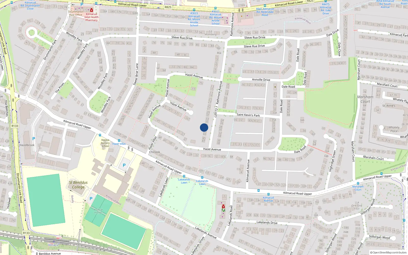 Overhead map showing the location of 39 Rathmore Avenue, Blackrock
