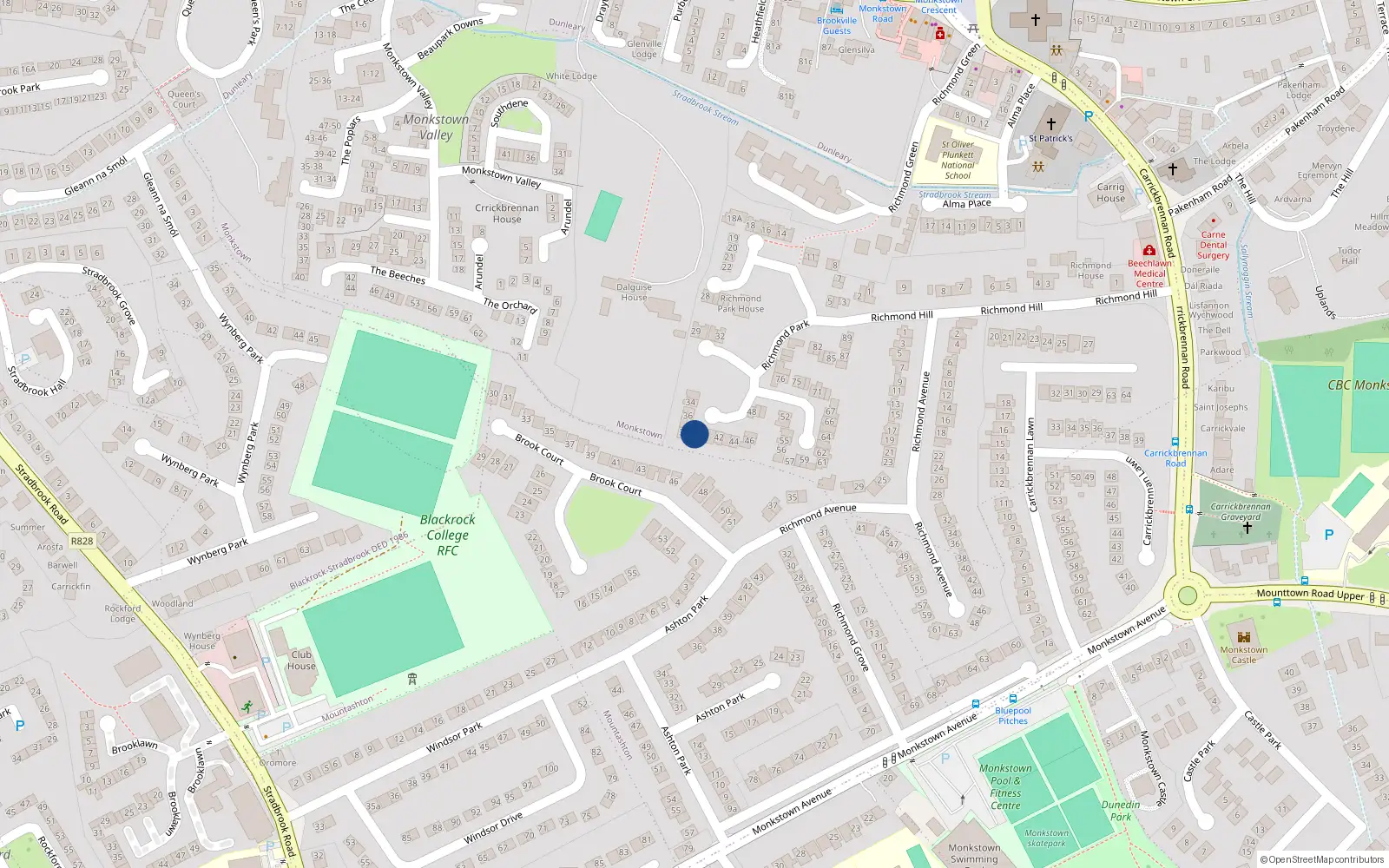 Overhead map showing the location of 39 Richmond Park, Monkstown, Blackrock