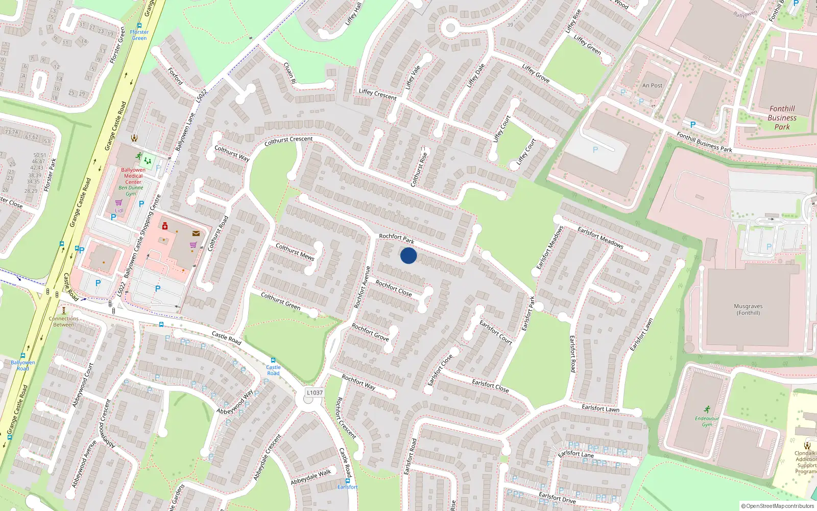 Overhead map showing the location of 39 Rochfort Park, Lucan, Dublin