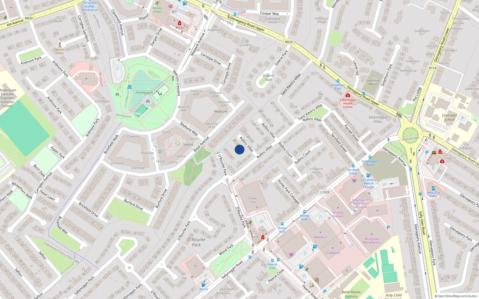 Overhead map showing the location of 39 Rollins Villas, Sallynoggin