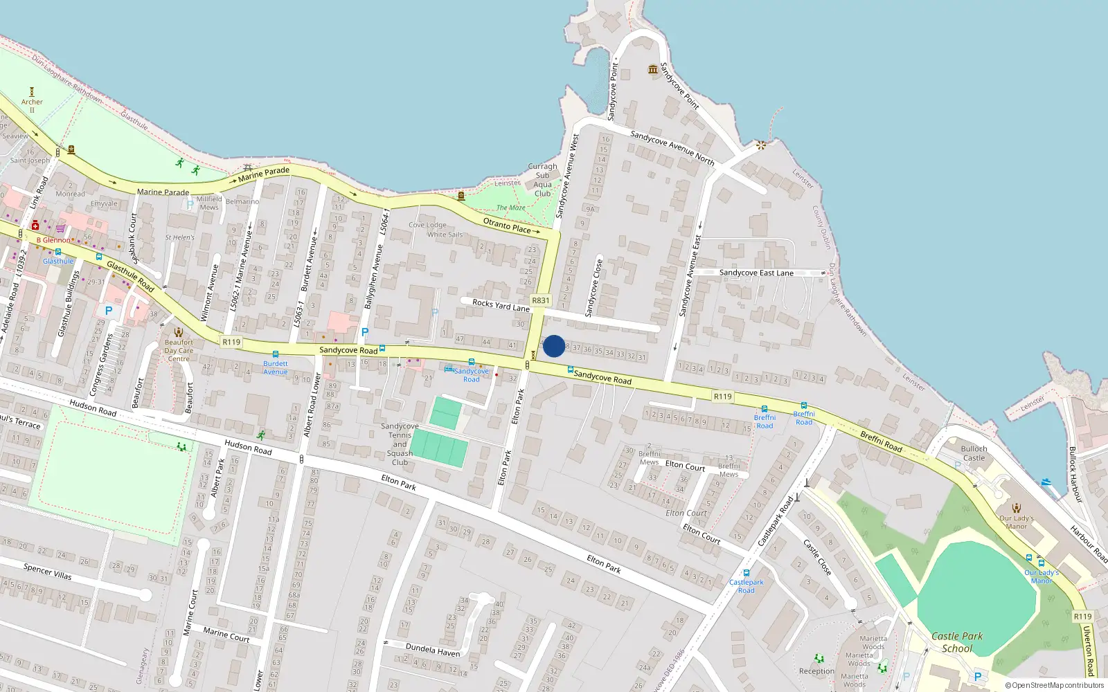 Overhead map showing the location of 39 Sandycove Road, Dublin