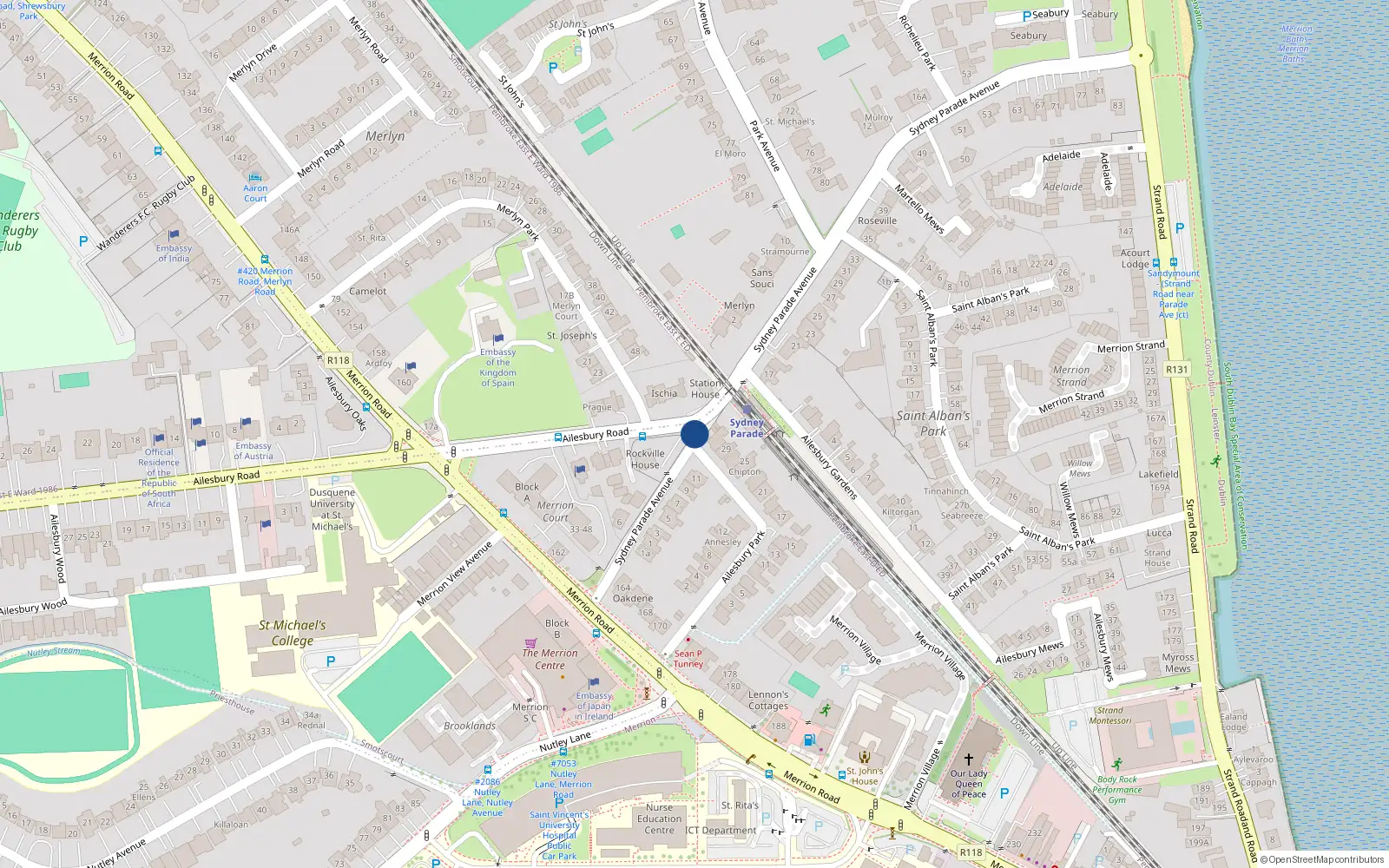 Overhead map showing the location of 39 Seabury Apt, Sydney Parade Avenue, Merrion