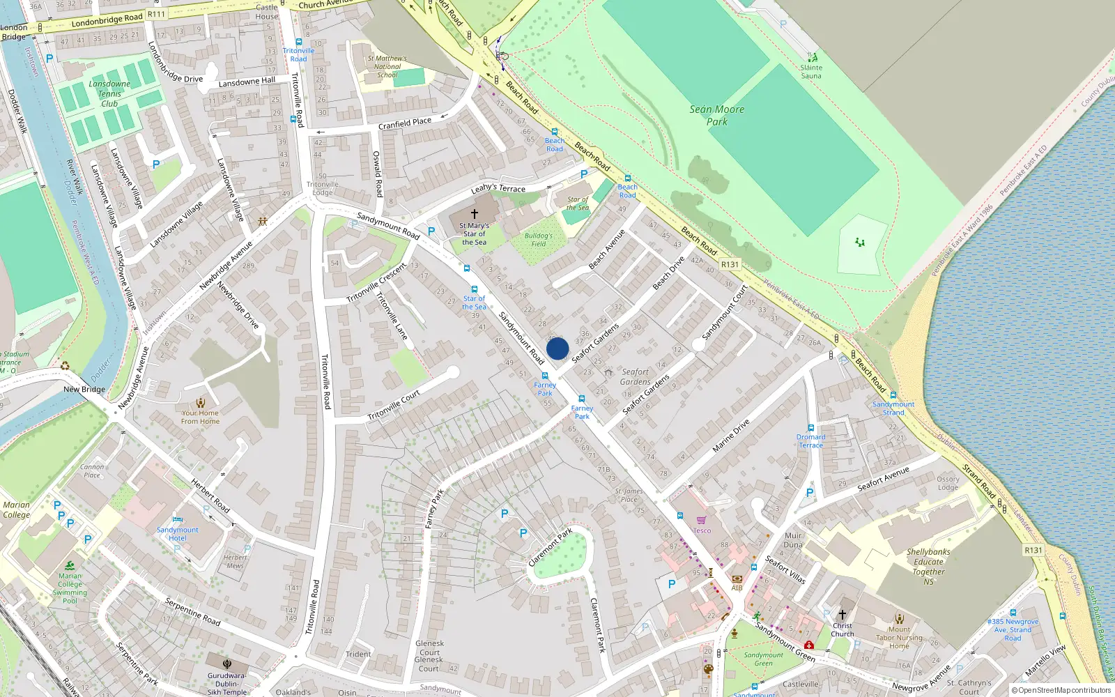Overhead map showing the location of 39 Seafort Gardens, Sandymount