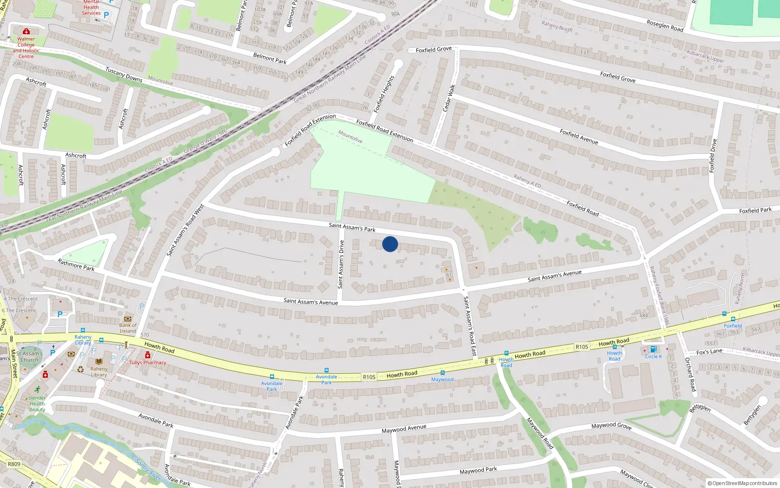 Overhead map showing the location of 39 St Assams Park, Raheny, Dublin 5