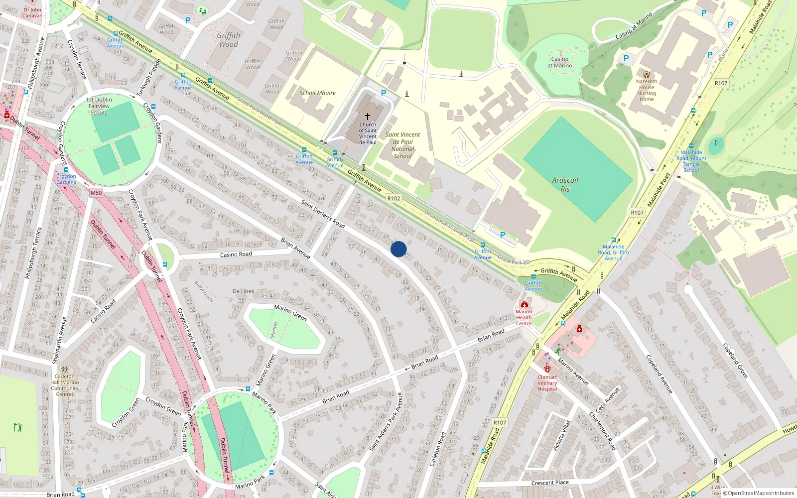 Overhead map showing the location of 39 Saint Declan's Road, Dublin 3