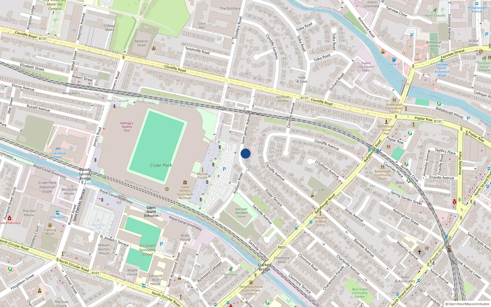 Overhead map showing the location of 39 St James Avenue, Clonliffe Road, Dublin 3