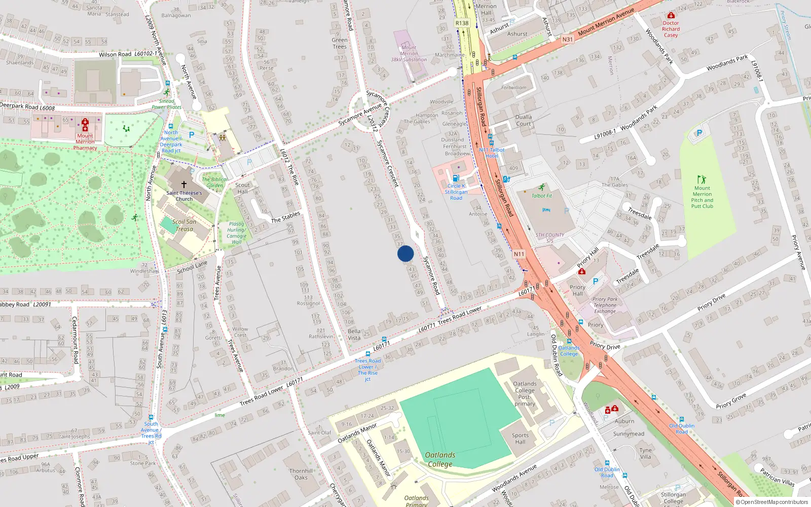 Overhead map showing the location of 39 Sycamore Road, Mount Merrion, Blackrock