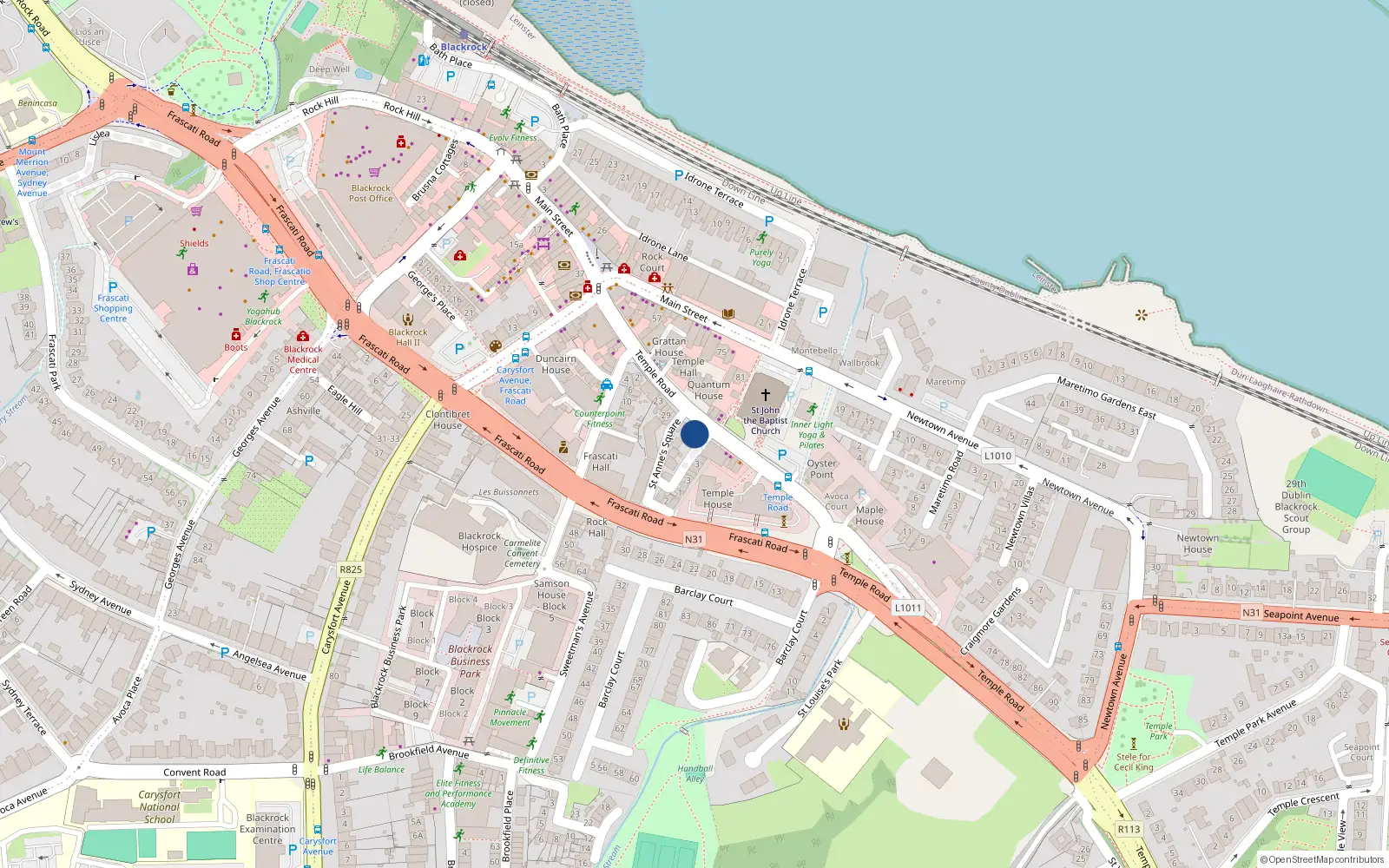 Overhead map showing the location of 39 Temple Road, Blackrock, Dublin