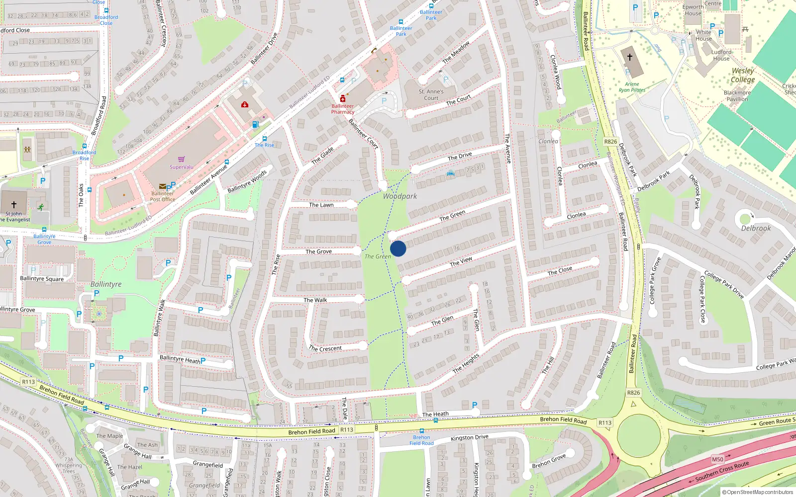 Overhead map showing the location of 39 The Green, Dublin 16