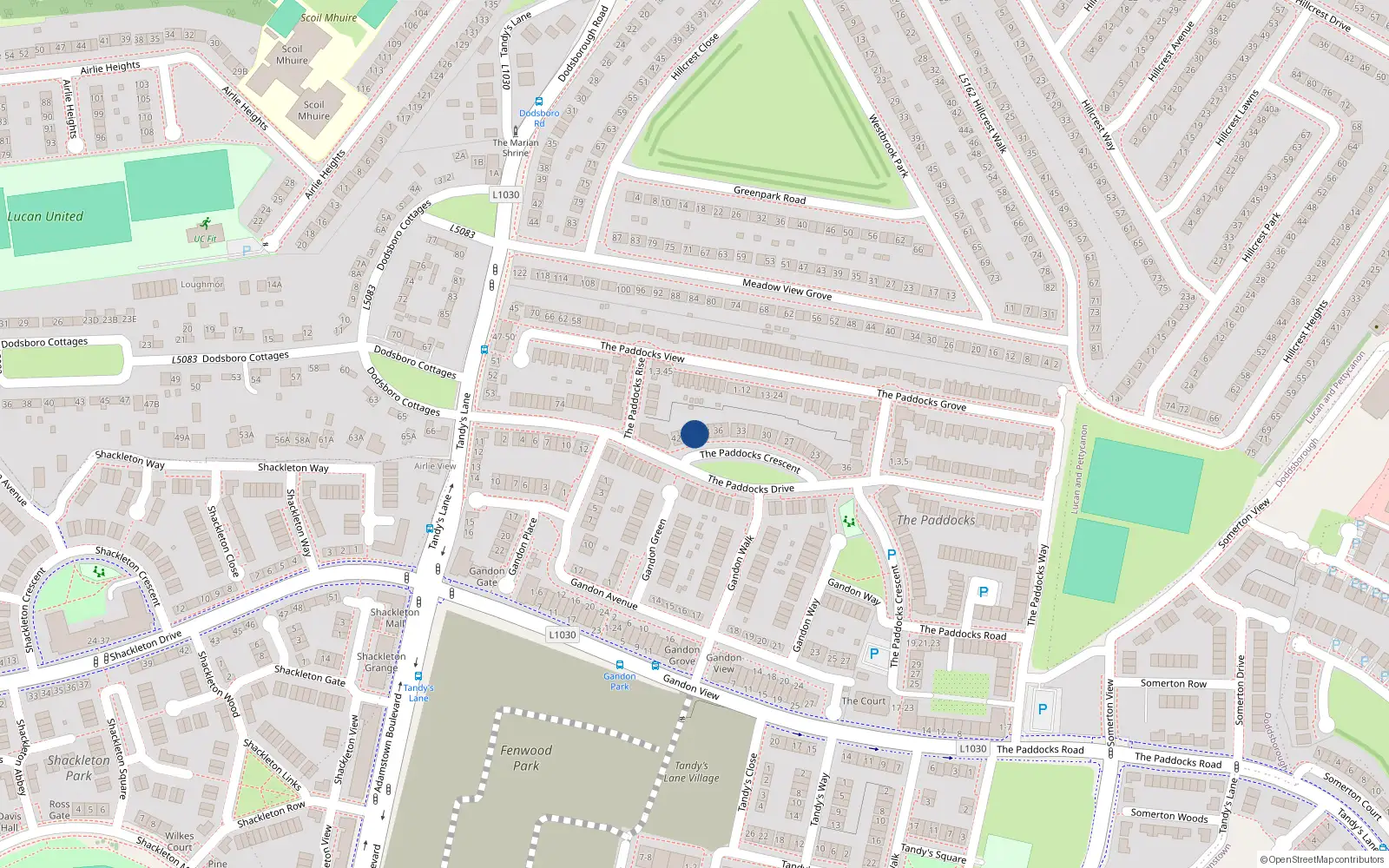 Overhead map showing the location of 39 The Paddocks Crescent, Lucan