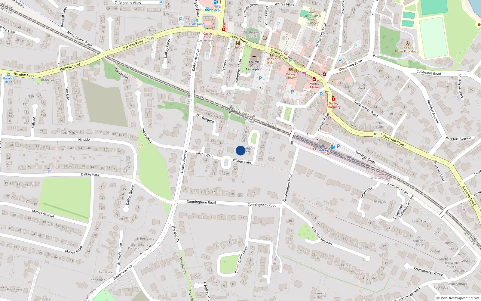 Overhead map showing the location of 39 Village Gate, Dalkey