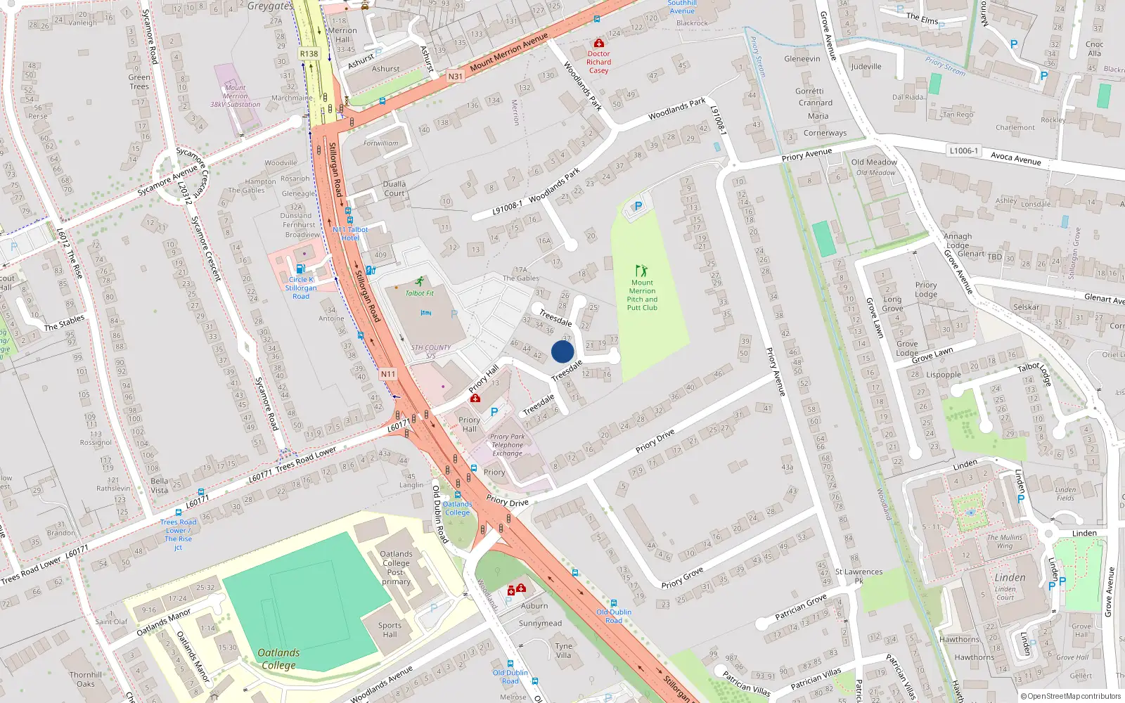 Overhead map showing the location of 39 Treesdale, Stillorgan