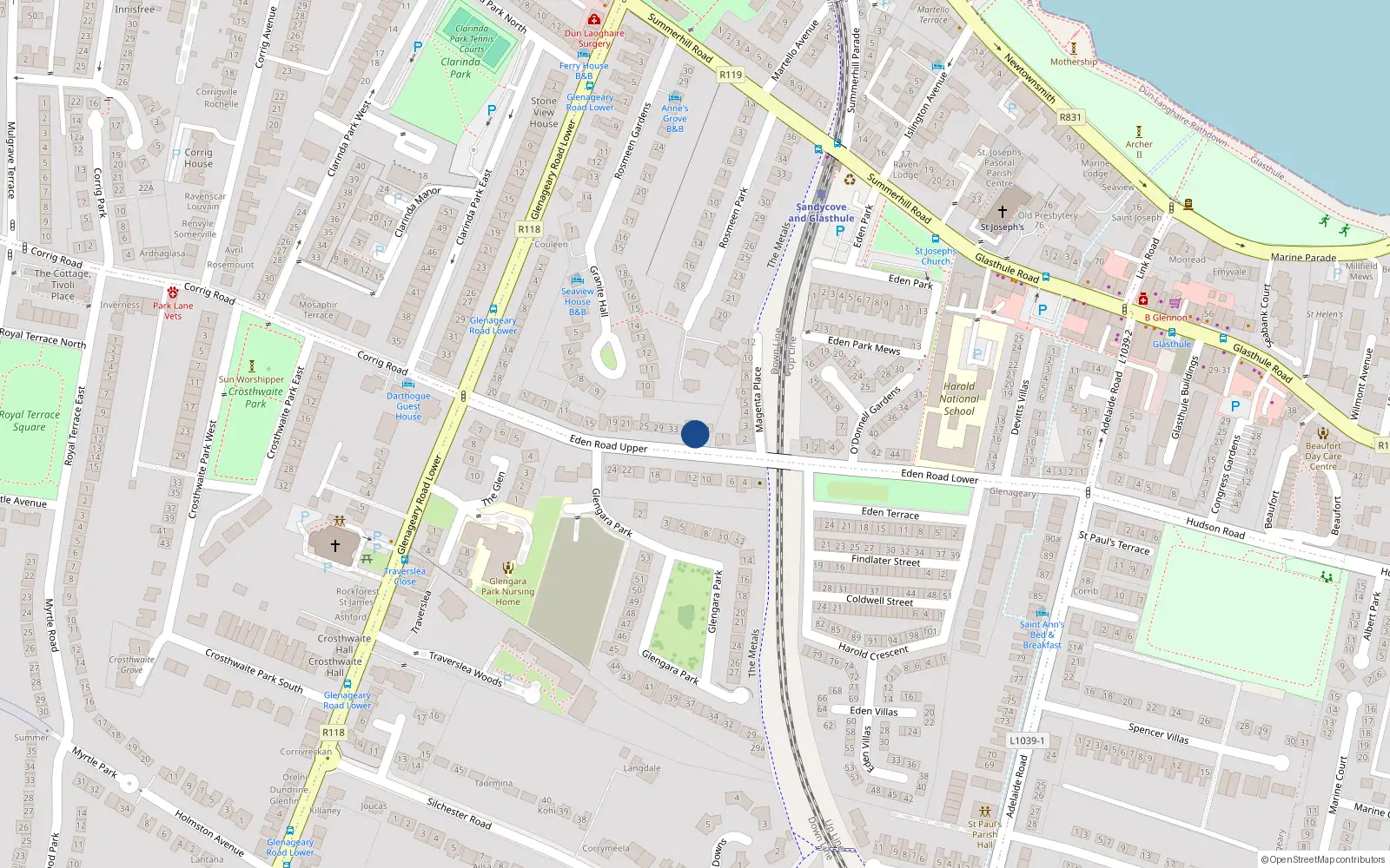 Overhead map showing the location of 39 Upper Eden Road, Glenageary, Dublin