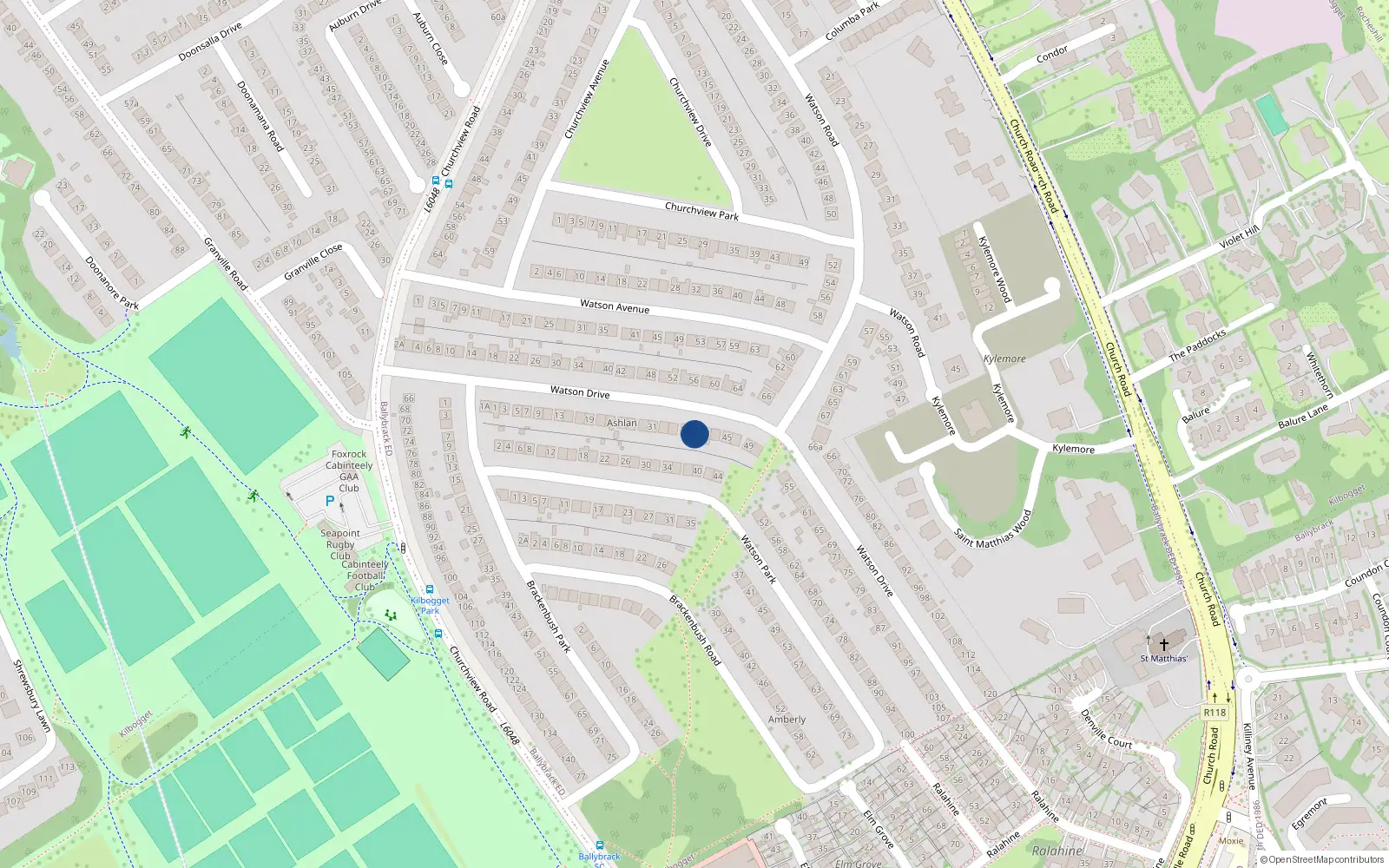 Overhead map showing the location of 39 Watson Drive, Killiney, Dublin