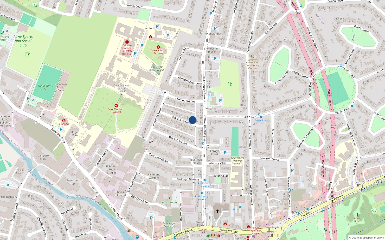 Overhead map showing the location of 39 Waverley Avenue, Dublin 3