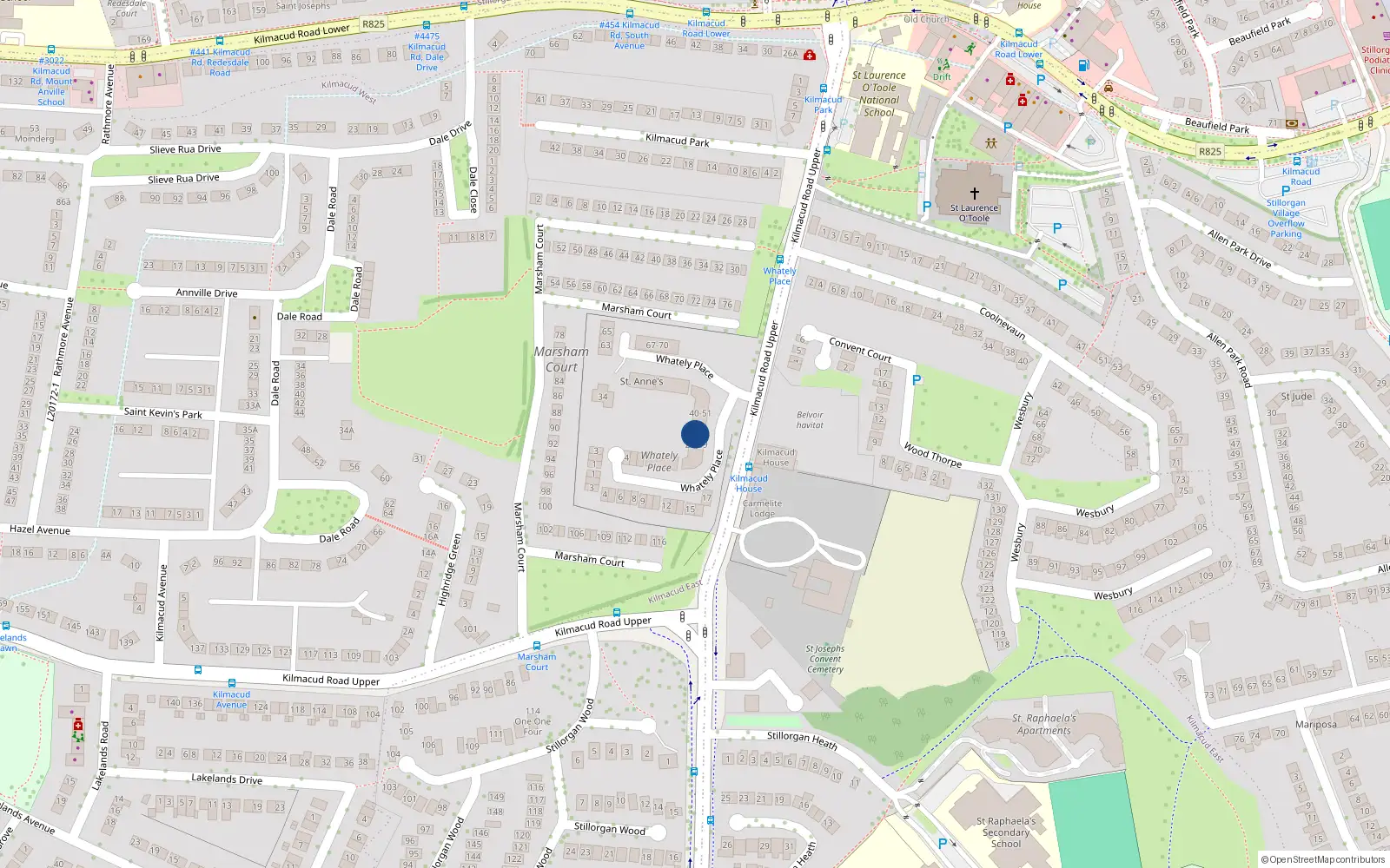 Overhead map showing the location of 39 Whately Place, Upper Kilmacud Road, Stillorgan