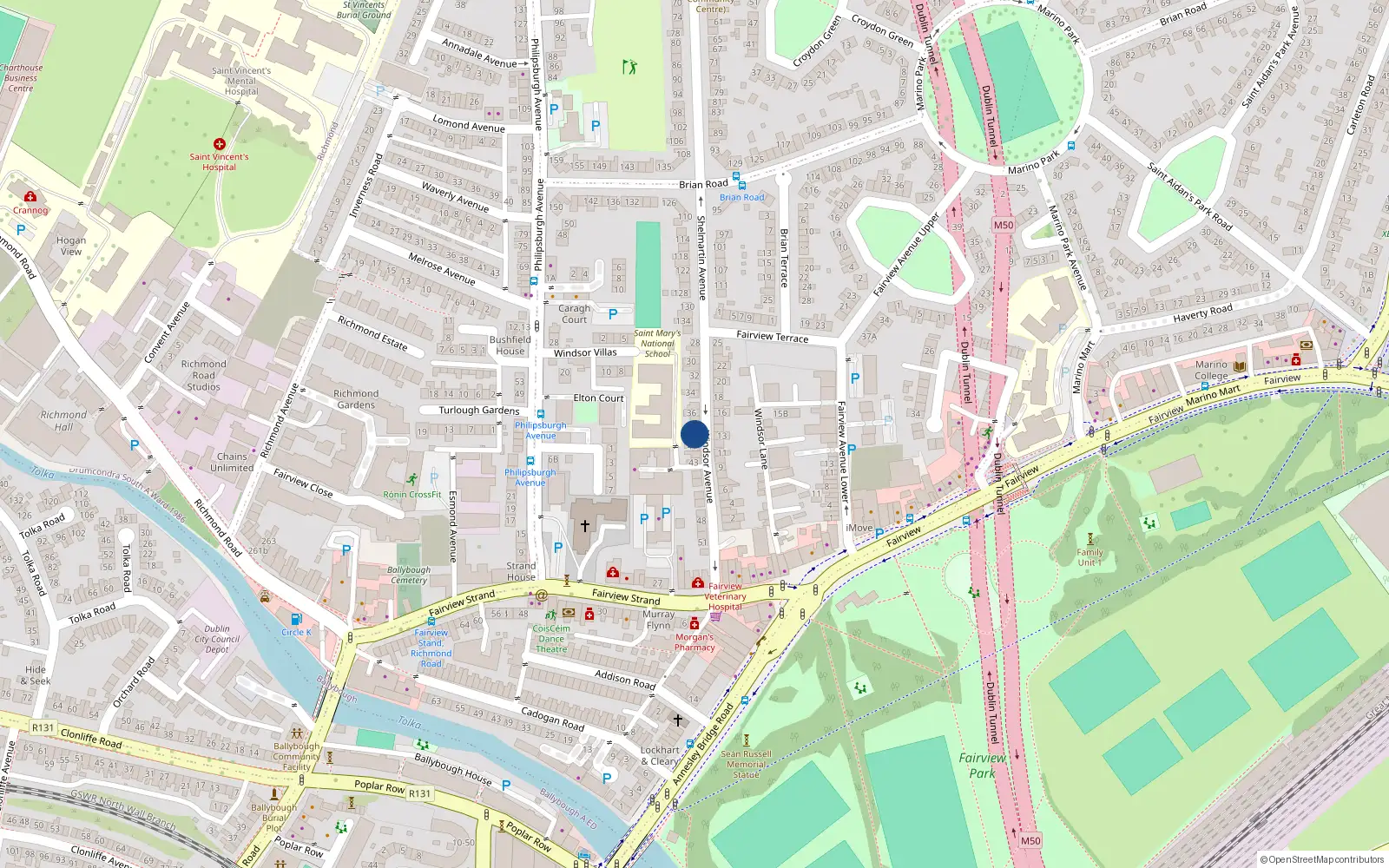 Overhead map showing the location of 39 Windsor Avenue, Fairview, Dublin 3