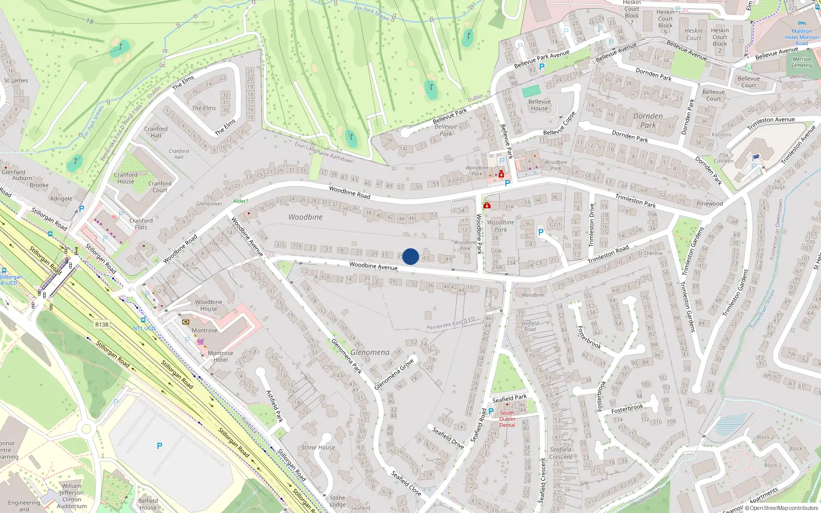 Overhead map showing the location of 39 Woodbine Avenue, Blackrock, Dublin