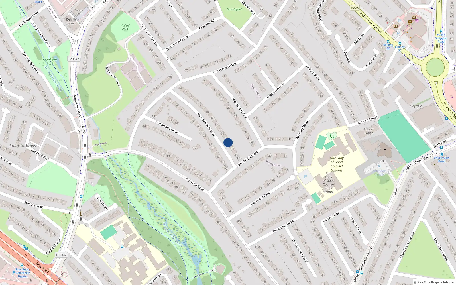 Overhead map showing the location of 39 Woodlands Avenue, Johnstown Park, Dun Laoghaire