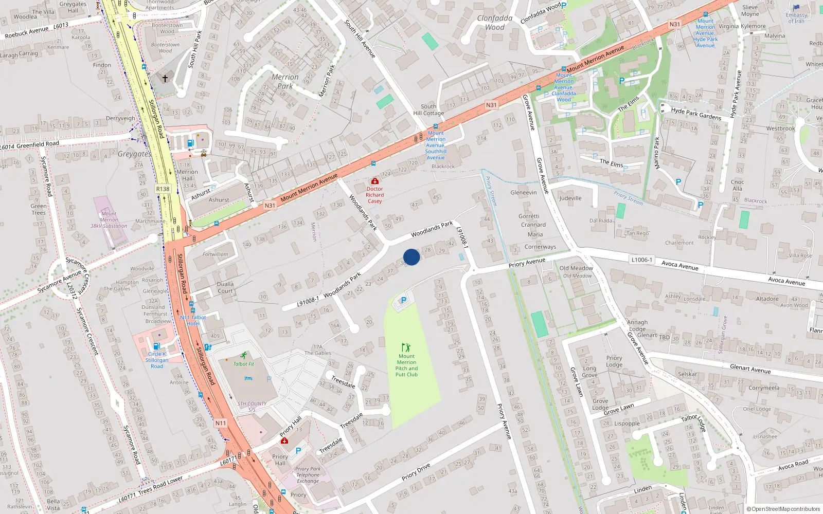 Overhead map showing the location of 39 Woodlands Park, Blackrock, Co Dublin