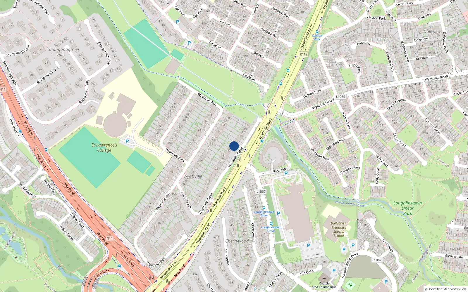 Overhead map showing the location of 39 Wyattville Close, Ballybrack, Glenageary