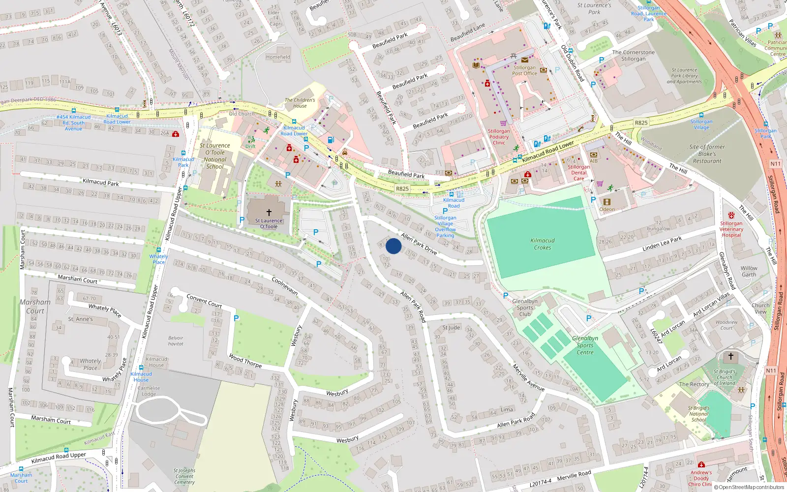 Overhead map showing the location of 3A Allen Park Drive, Stillorgan, Co Dublin