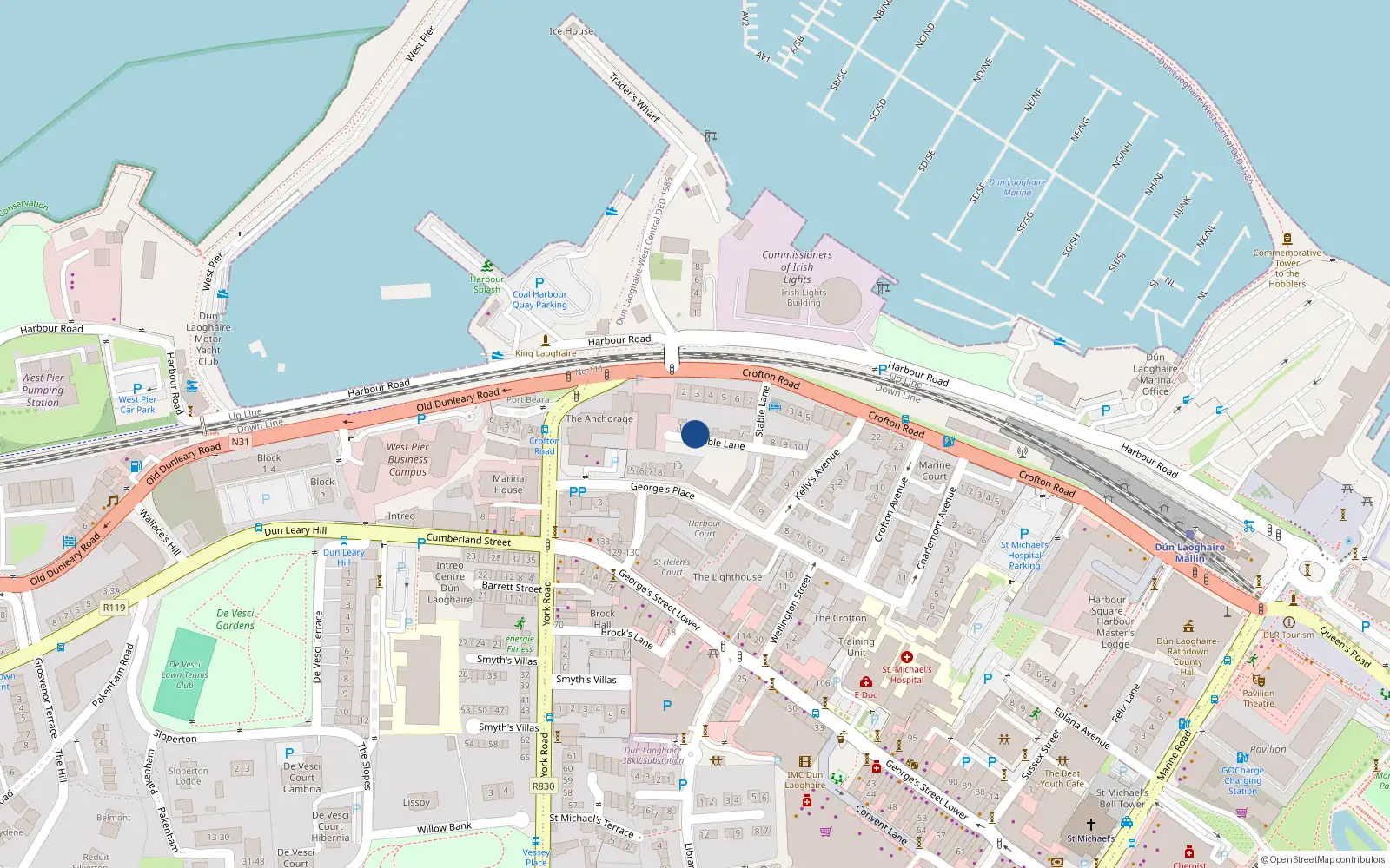 Overhead map showing the location of 3A Crofton Mews, Stable Lane, Dun Laoghaire