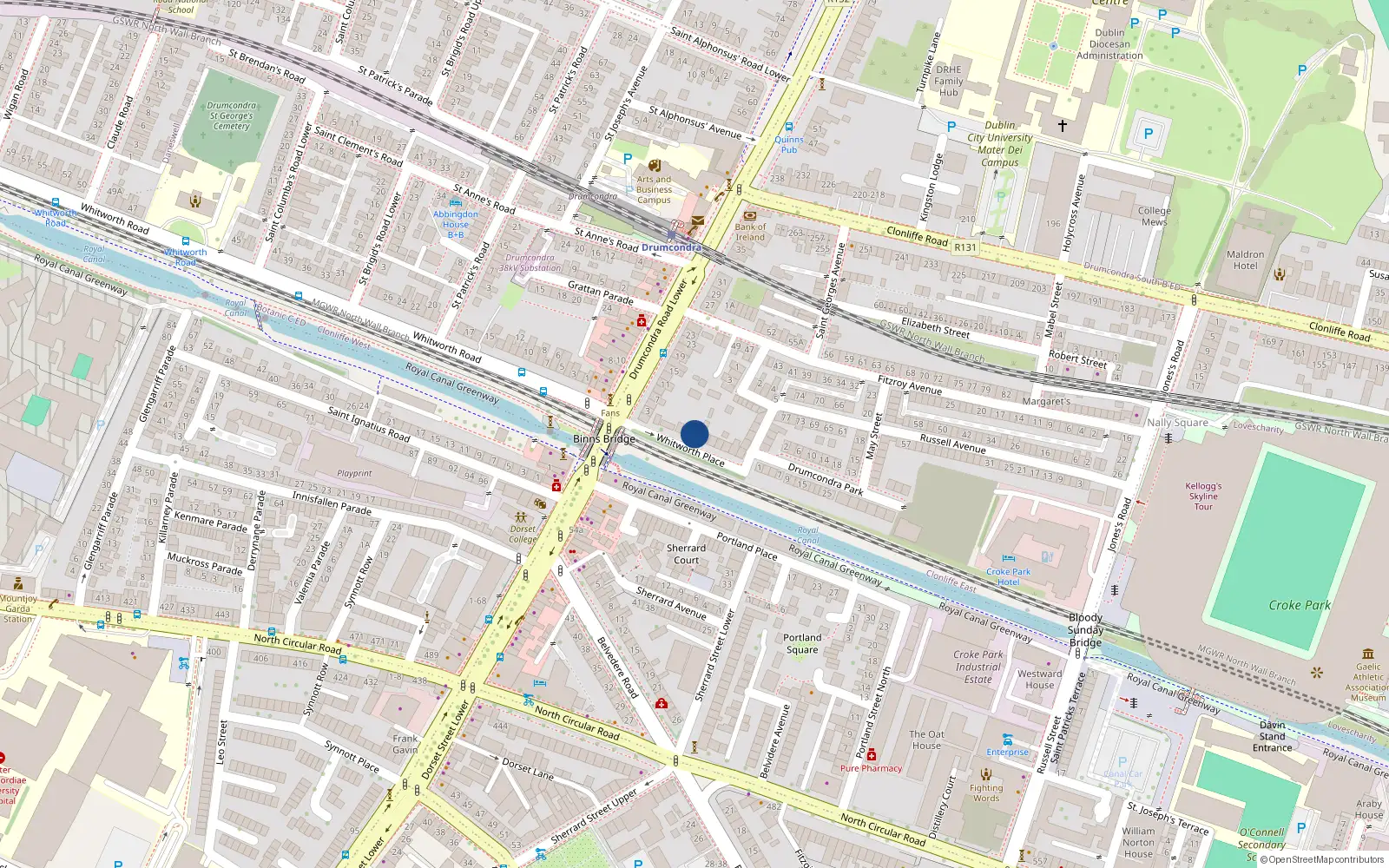 Overhead map showing the location of 3A Whitworth Place, Drumcondra, Dublin 3