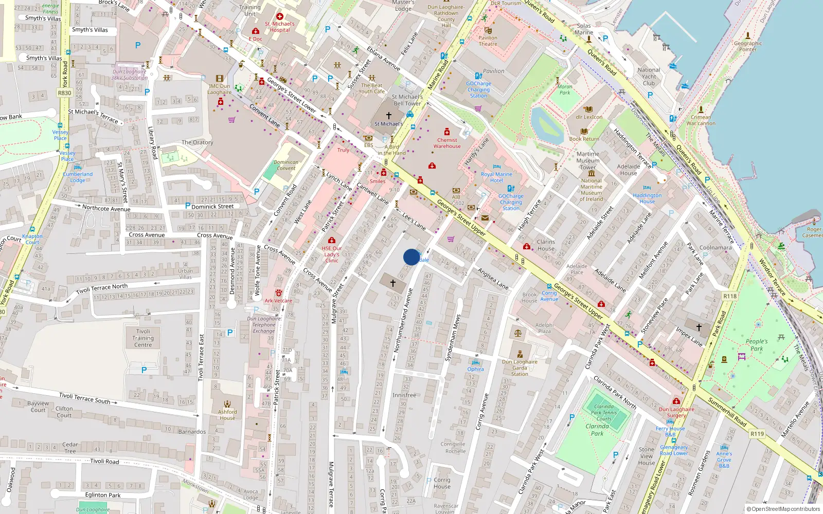 Overhead map showing the location of 4-47 Northumberland Avenue, Dun Laoghaire, Dublin