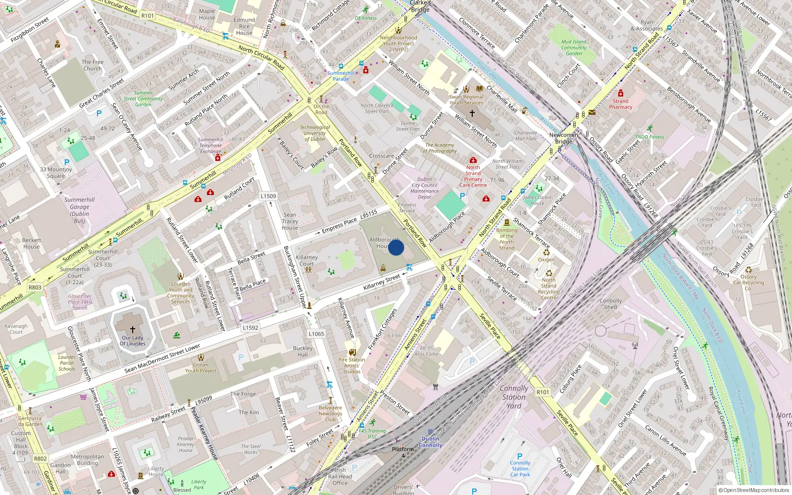Overhead map showing the location of 4 Alderboro Court, North Strand, Dublin 1