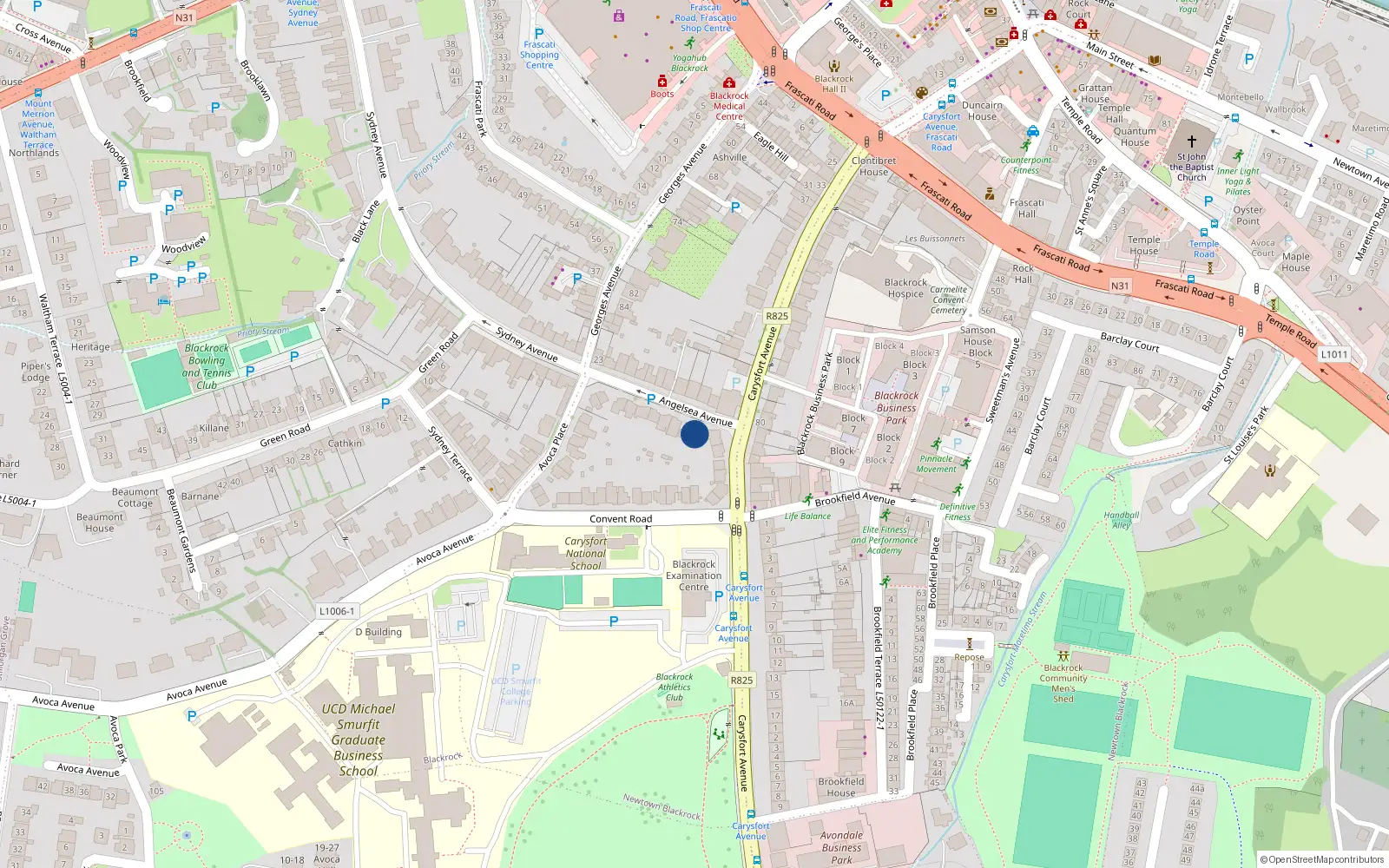 Overhead map showing the location of 4 Anglesea Avenue, Blackrock, Dublin