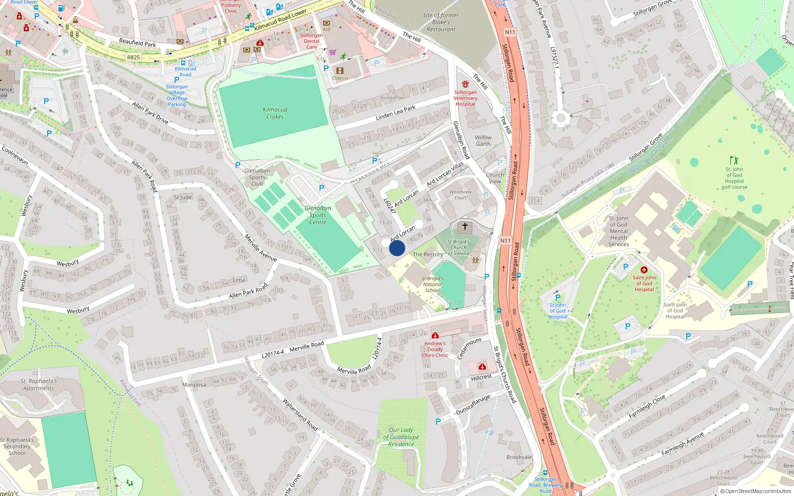 Overhead map showing the location of 4 Árd Lorcain, Dublin