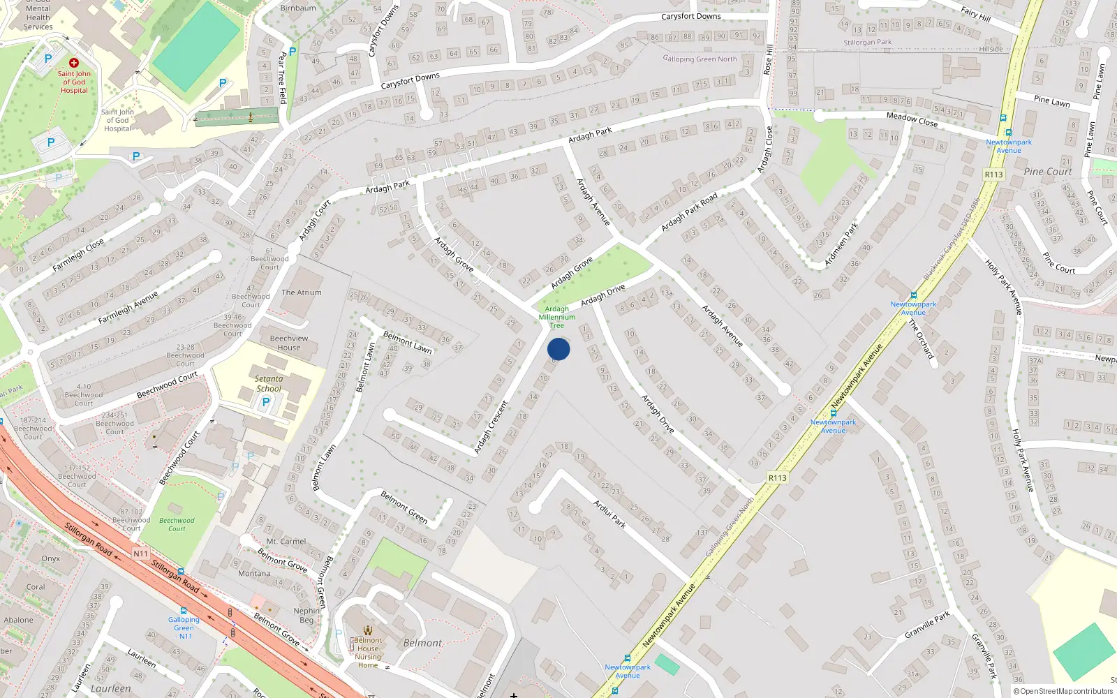 Overhead map showing the location of 4 Ardagh Crescent, Blackrock, Dublin