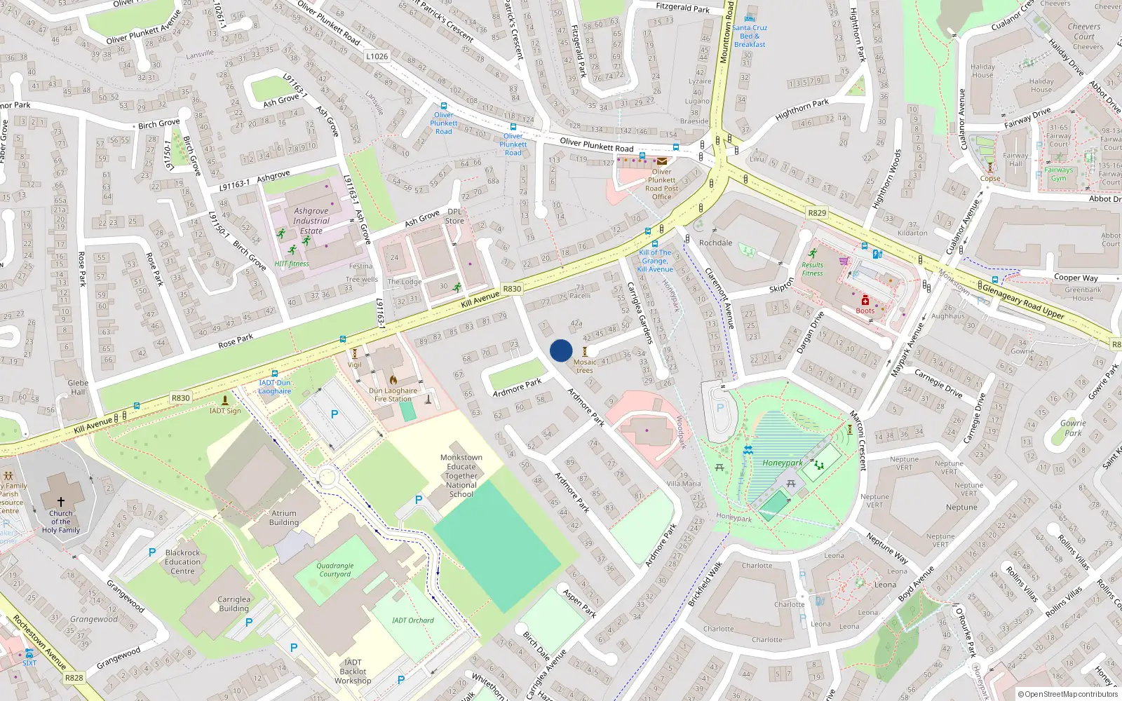 Overhead map showing the location of 4 Ardmore Park, Kill Avenue, Dun Laoghaire