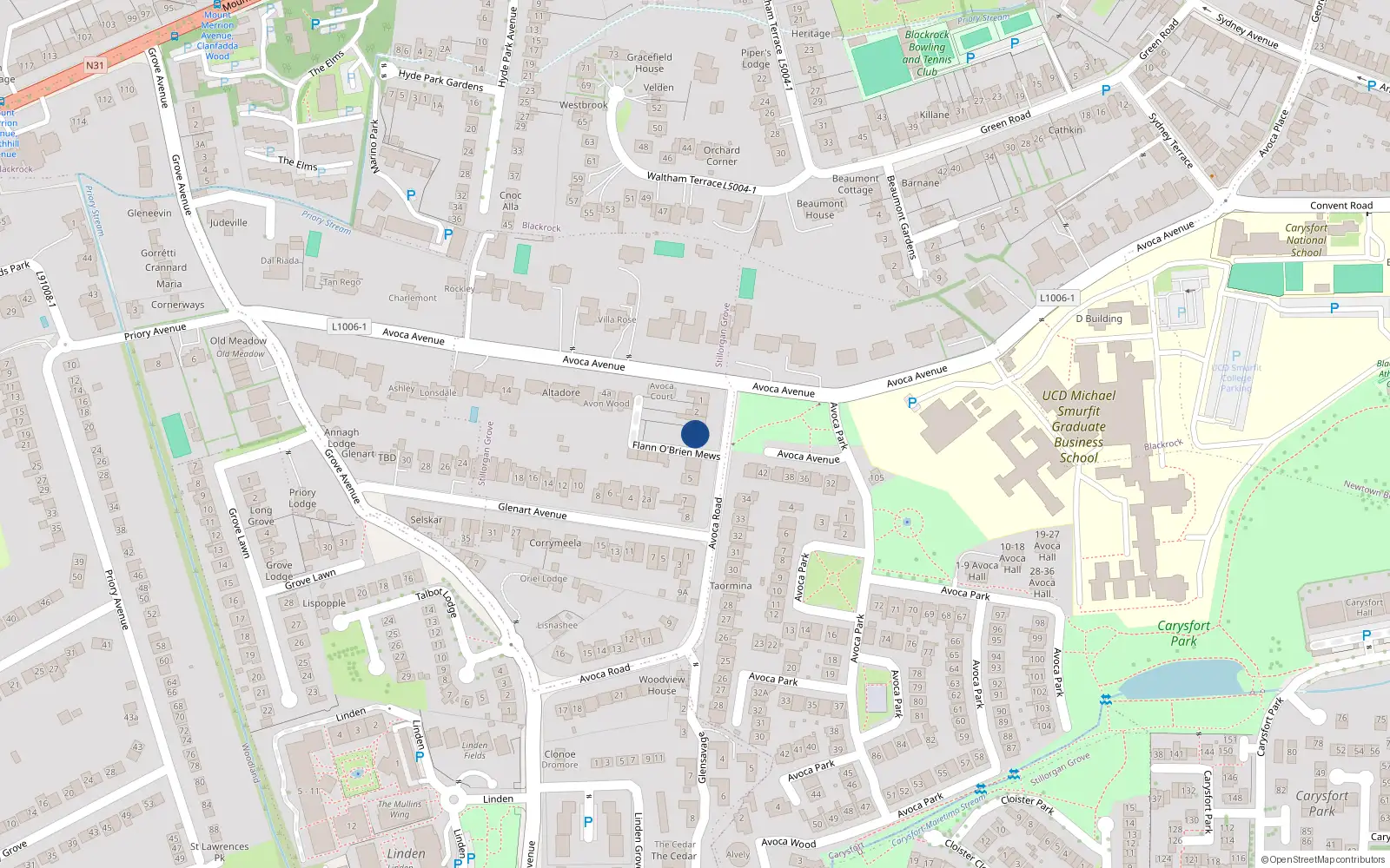 Overhead map showing the location of 4 Avoca Road, Blackrock