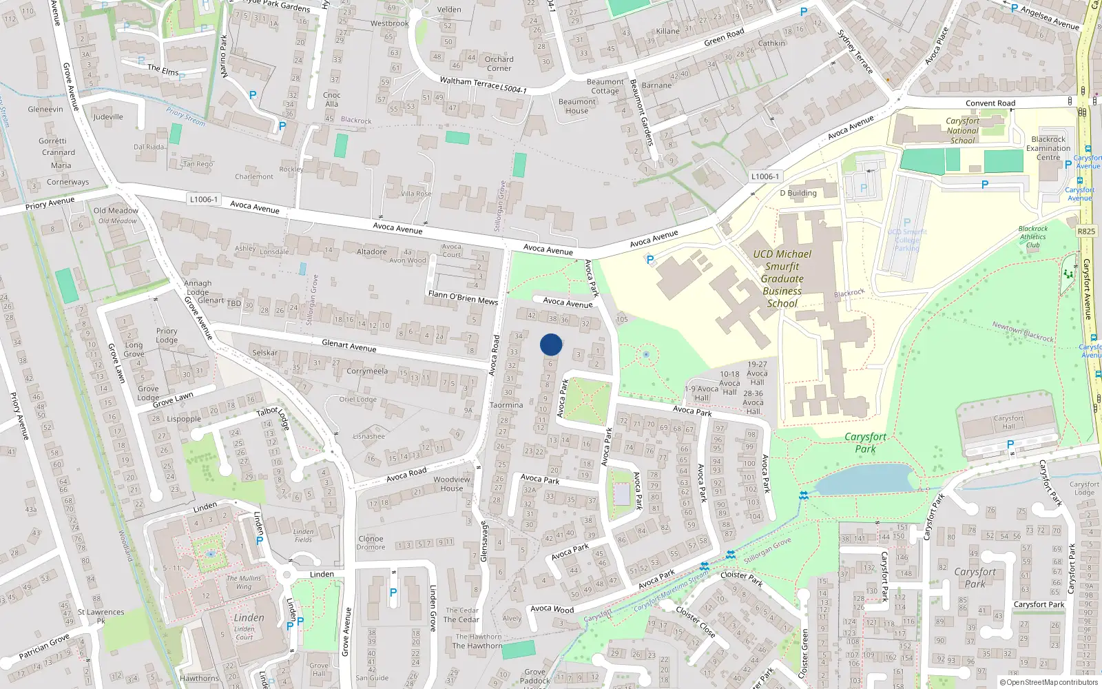 Overhead map showing the location of 4 Avoca Park, Blackrock, Dublin