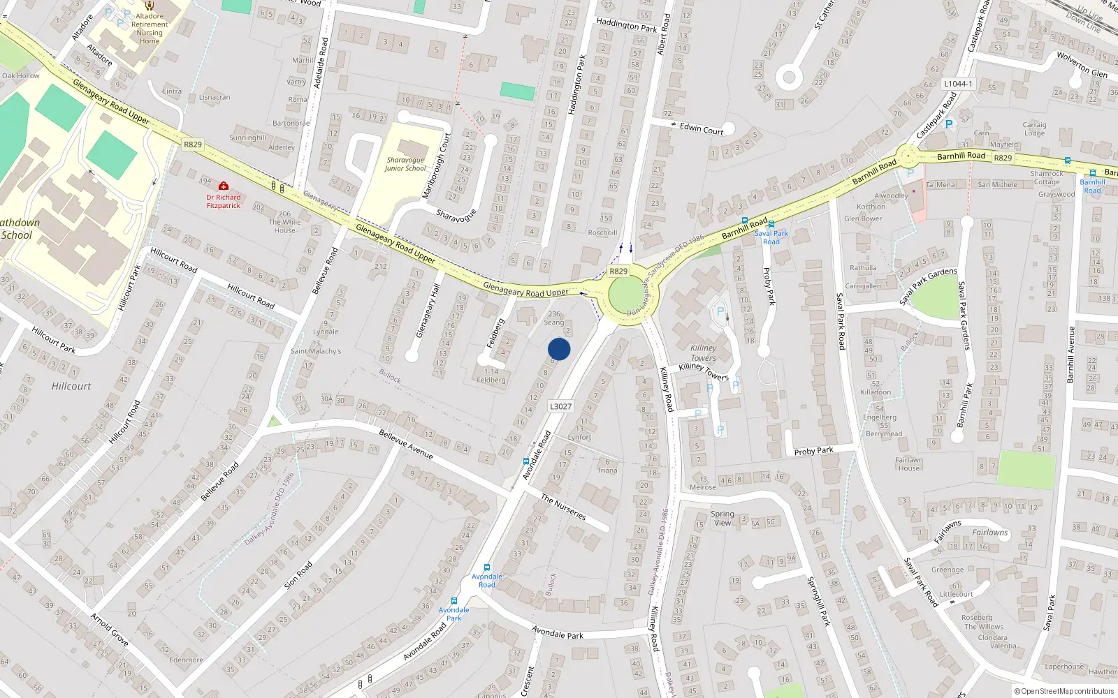 Overhead map showing the location of 4 Avondale Road, Killiney, Dublin