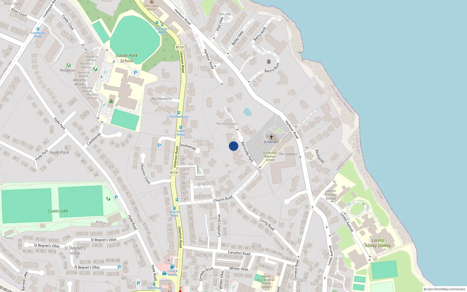 Overhead map showing the location of 4 Barnacoille Park, Church Road, Dalkey