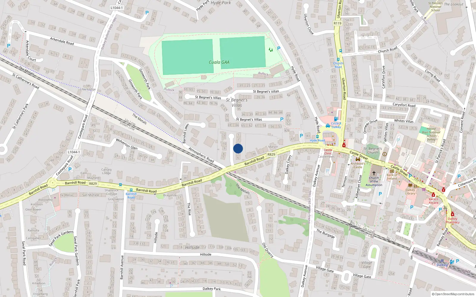 Overhead map showing the location of 4 Barnhill Grove, Dalkey, Dublin