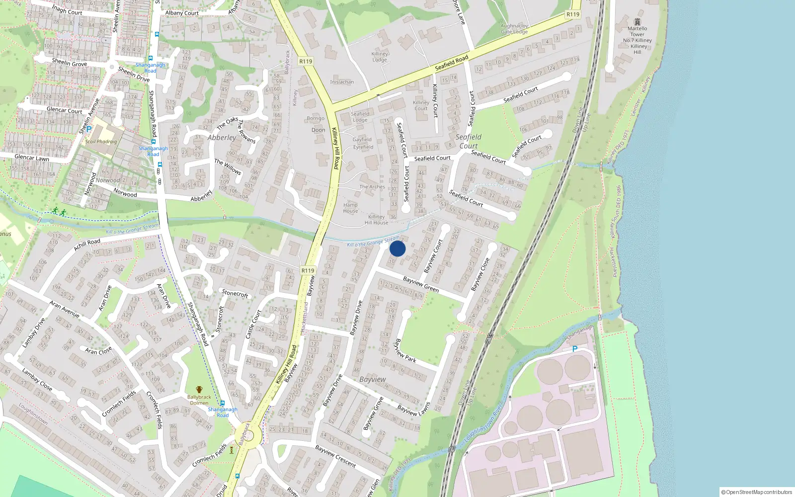 Overhead map showing the location of 4 Bayview Drive, Killiney