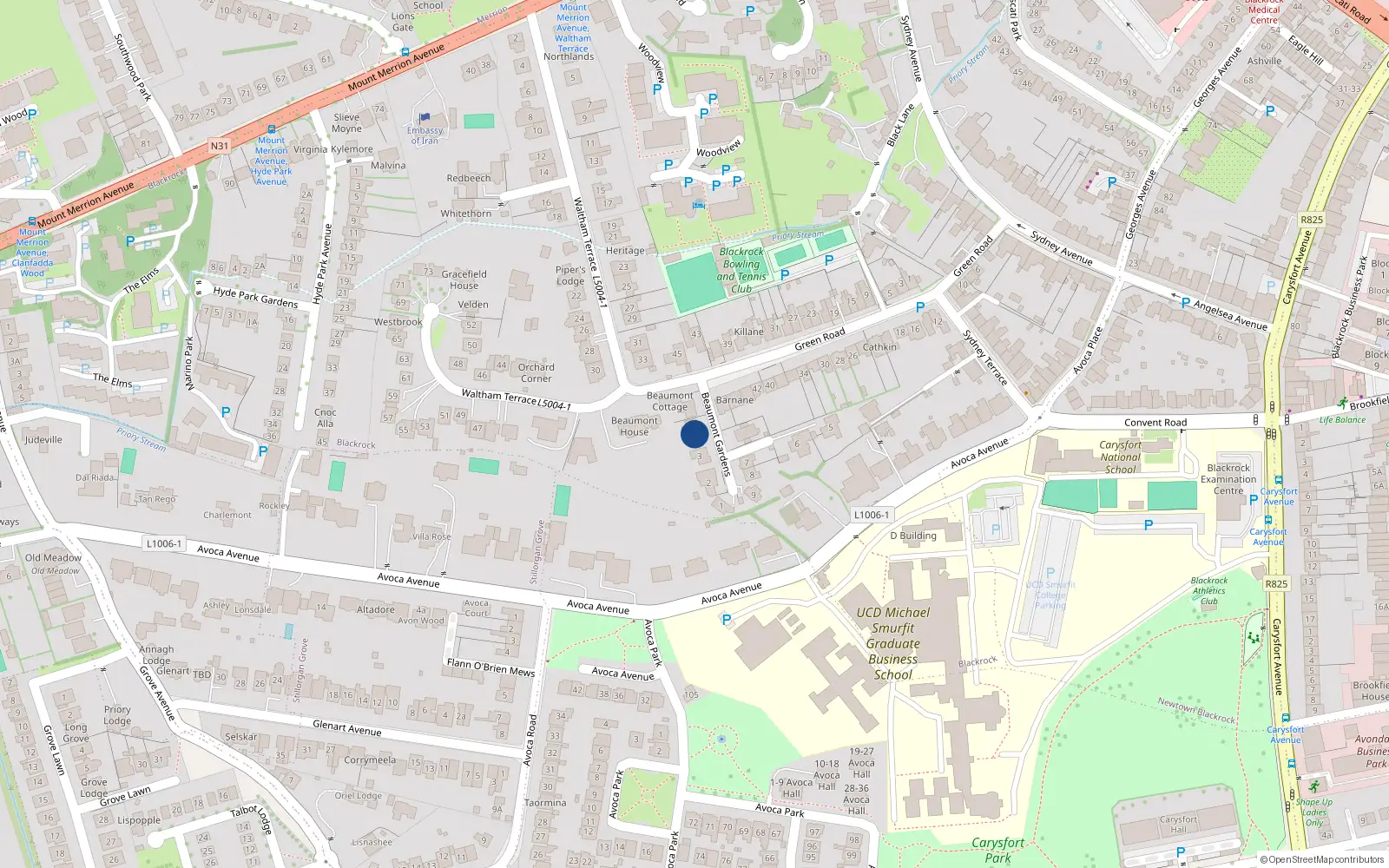Overhead map showing the location of 4 Beaumont Gardens, Blackrock, Dublin