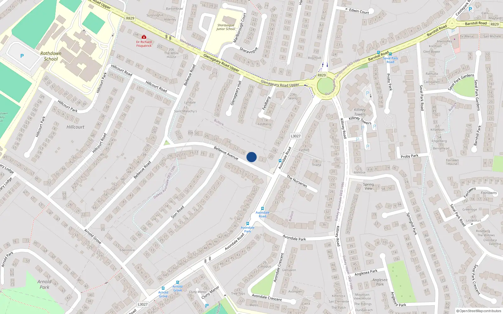 Overhead map showing the location of 4 Bellevue Avenue, Glenageary, Dublin