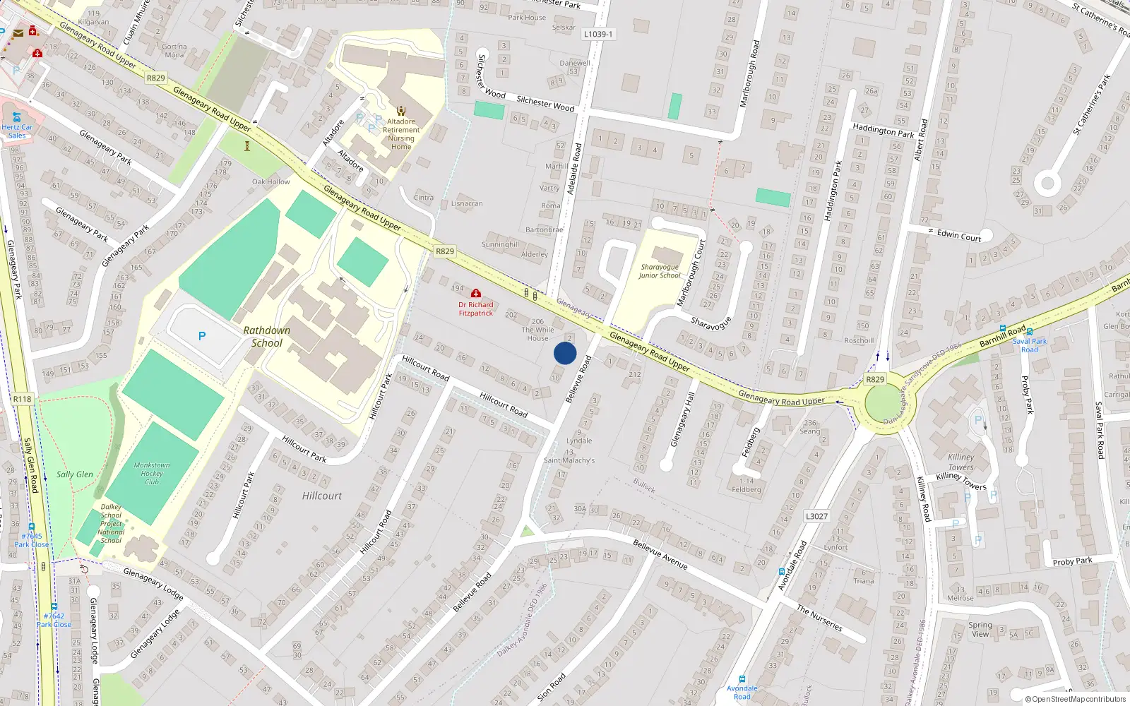 Overhead map showing the location of 4 Bellevue Road, Glenageary, Co Dublin