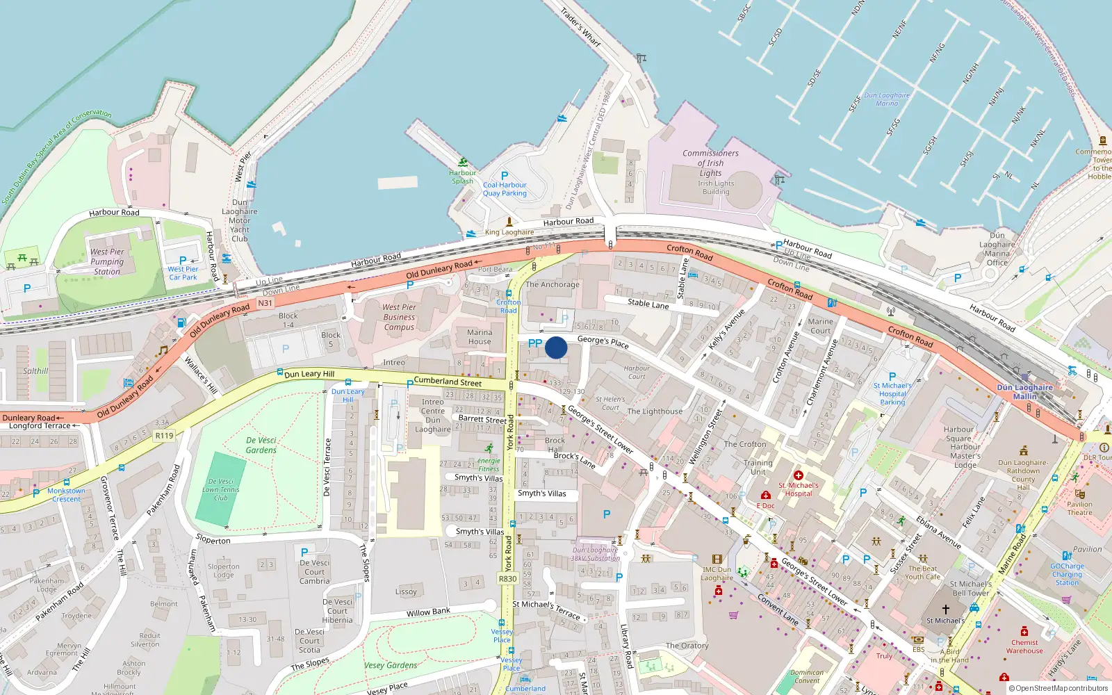 Overhead map showing the location of 4 Bentley Villas, Dun Laoghaire, Dublin