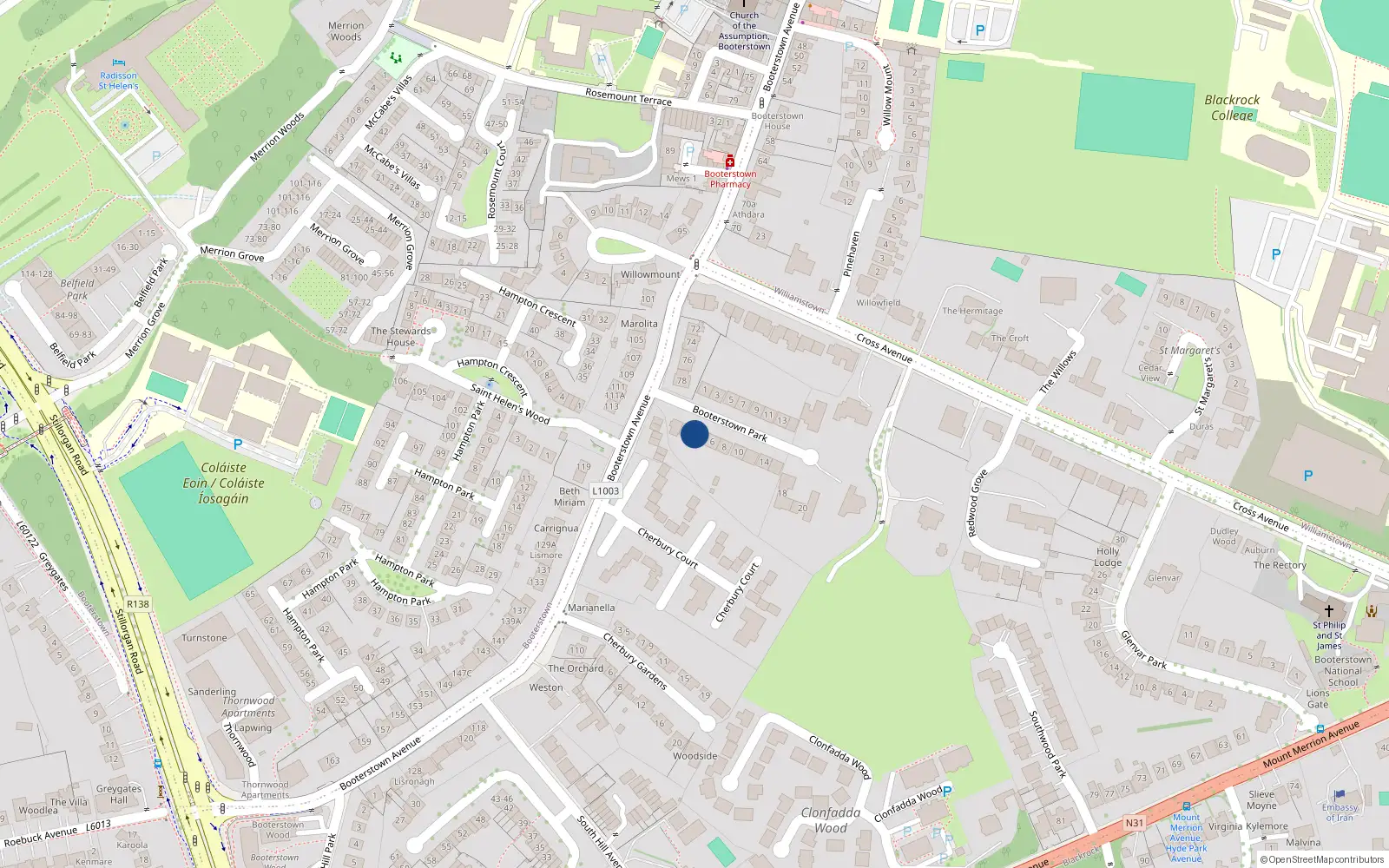 Overhead map showing the location of 4 Booterstown Park, Blackrock